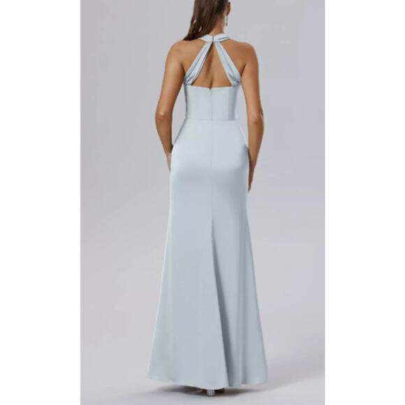 FORMAL AW SZ 12 L baby blue Satin Maharaol Floral Bridesmaid maxi Dress New b147 - Picture 3 of 5